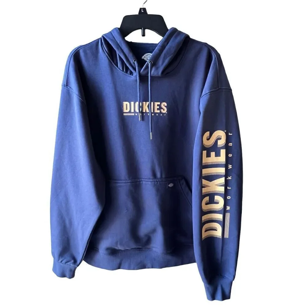 Dickies Men Hoodie Pullover Fleece Water Repellent Navy Blue & Tan Logo Sleeve M